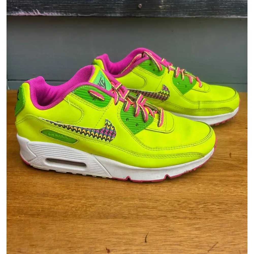 Nike Air Max 90 GS Volt Neon Green Pink Zigzag Swoosh Youth 5.5Y - Picture 3 of 8